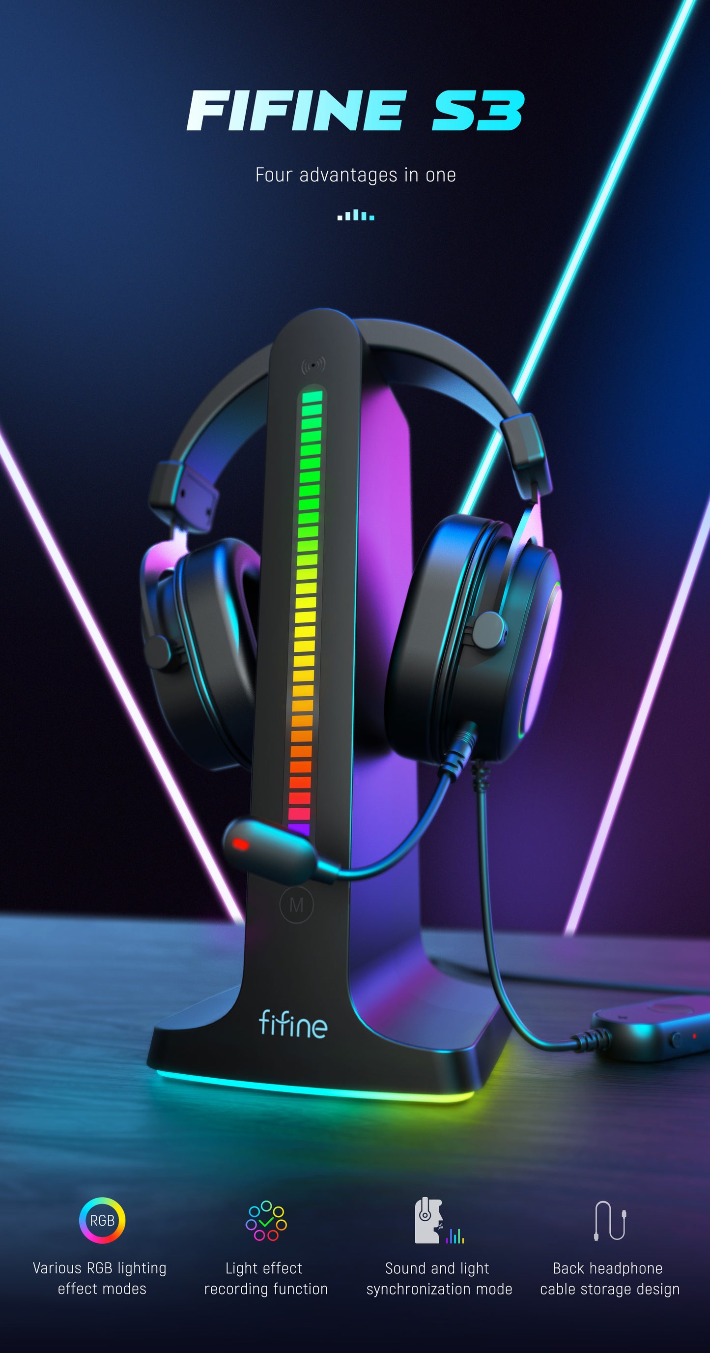 Fifine S3 Music Lights Rhythm Recognition Lights Headphone Stand RGB Gaming Headset Stand Headphones Headset Holder