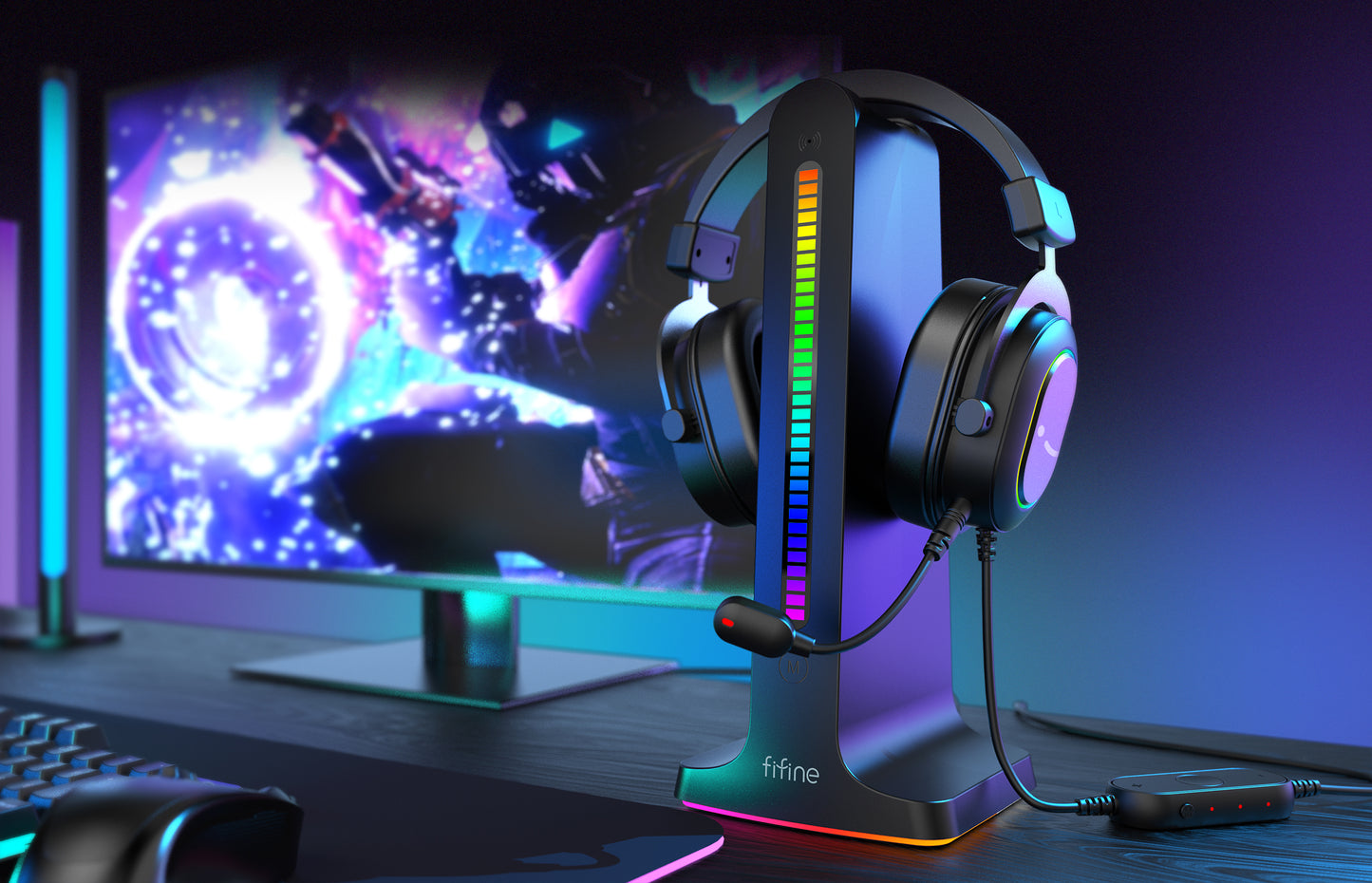 Fifine S3 Music Lights Rhythm Recognition Lights Headphone Stand RGB Gaming Headset Stand Headphones Headset Holder