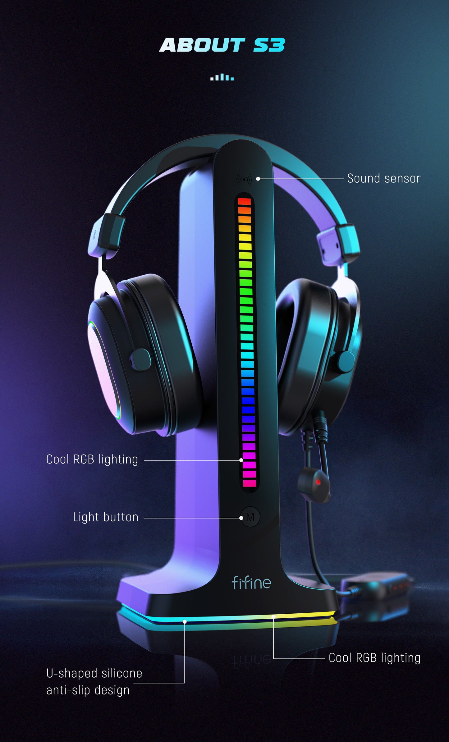 Fifine S3 Music Lights Rhythm Recognition Lights Headphone Stand RGB Gaming Headset Stand Headphones Headset Holder