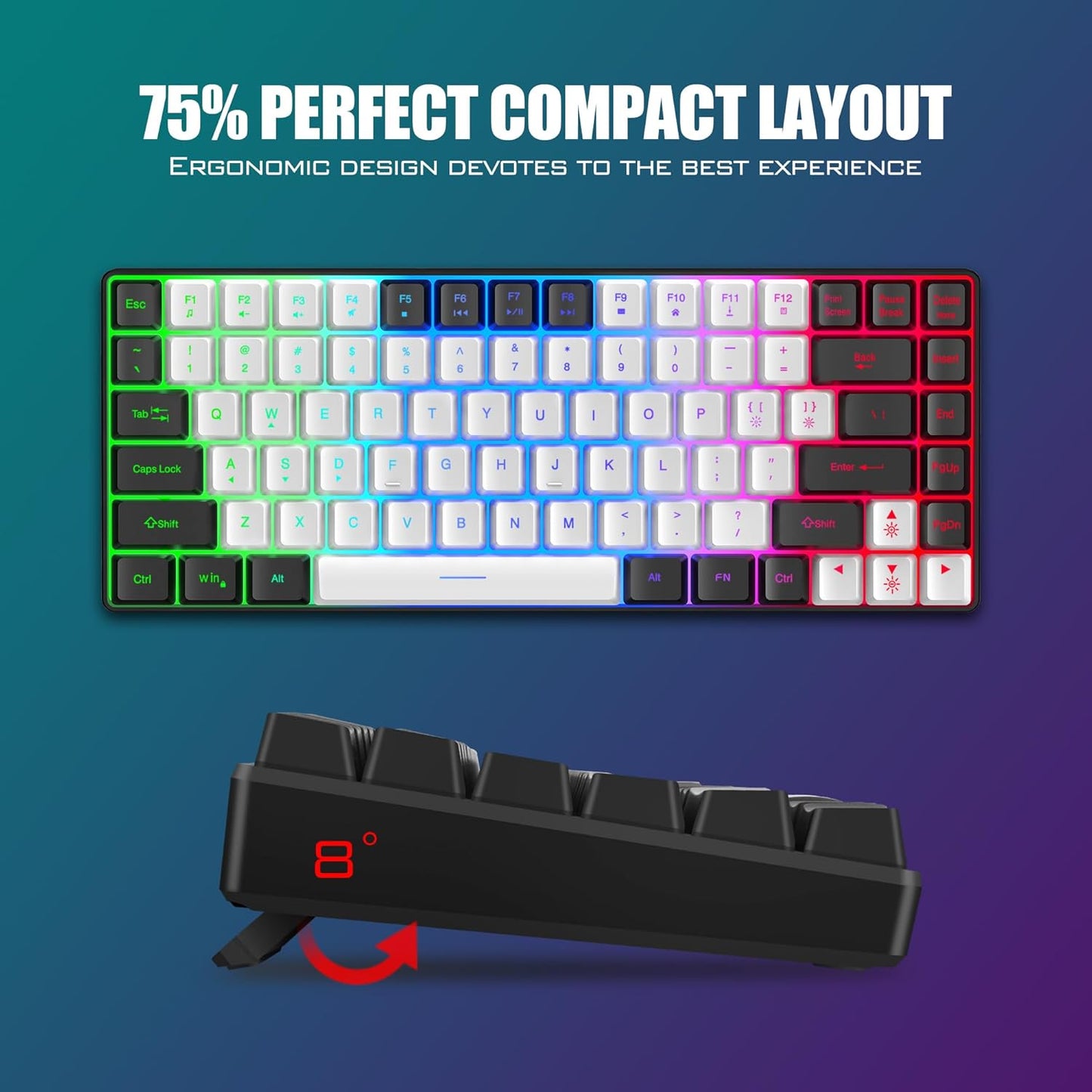 RedThunder K84 Wireless Keyboard and Mouse Combo, Rainbow Backlit Rechargeable Battery, 75% Layout TKL Ultra Compact Gaming Keyboard & Lightweight 3200 DPI Honeycomb Optical Mouse