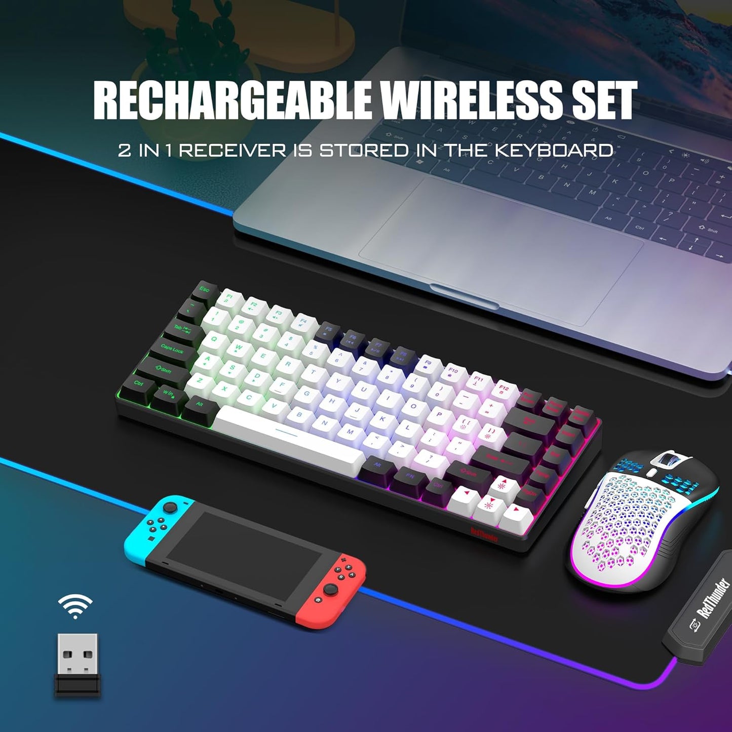 RedThunder K84 Wireless Keyboard and Mouse Combo, Rainbow Backlit Rechargeable Battery, 75% Layout TKL Ultra Compact Gaming Keyboard & Lightweight 3200 DPI Honeycomb Optical Mouse