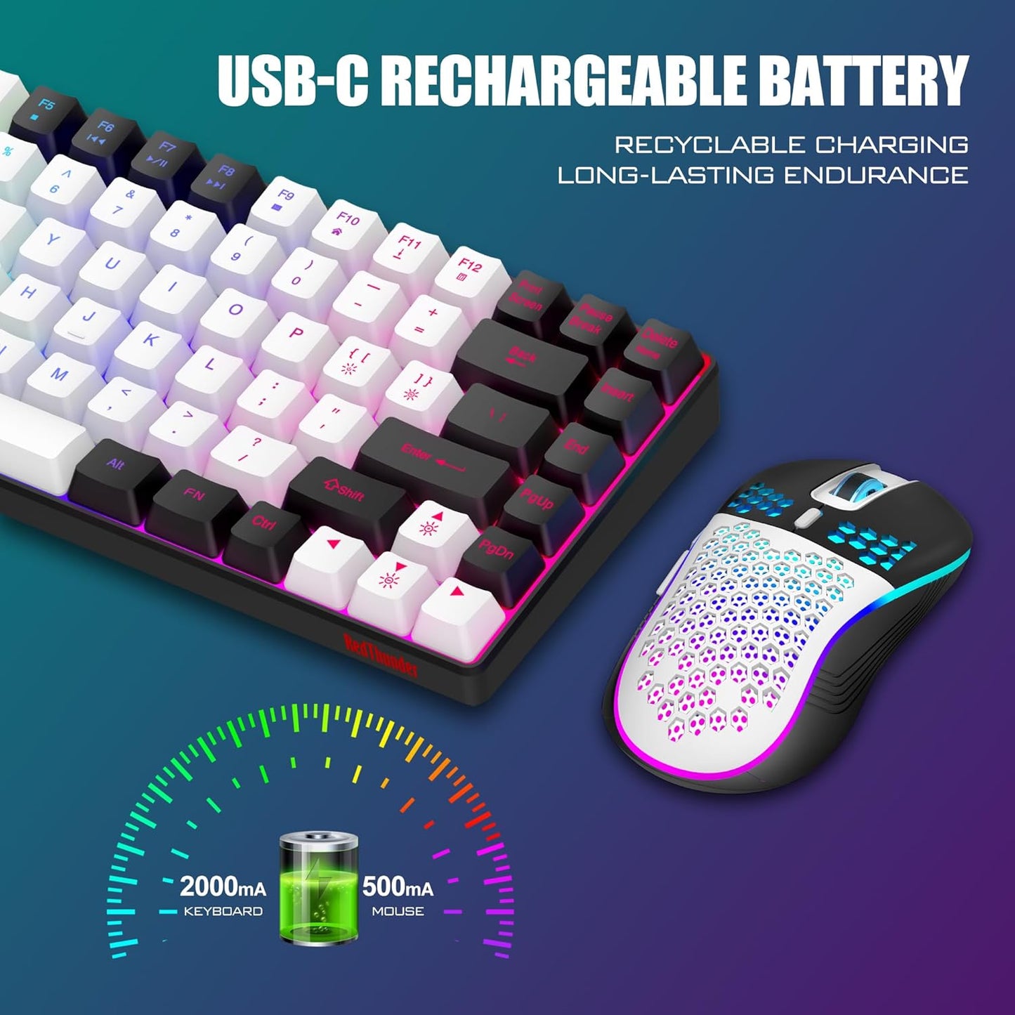 RedThunder K84 Wireless Keyboard and Mouse Combo, Rainbow Backlit Rechargeable Battery, 75% Layout TKL Ultra Compact Gaming Keyboard & Lightweight 3200 DPI Honeycomb Optical Mouse