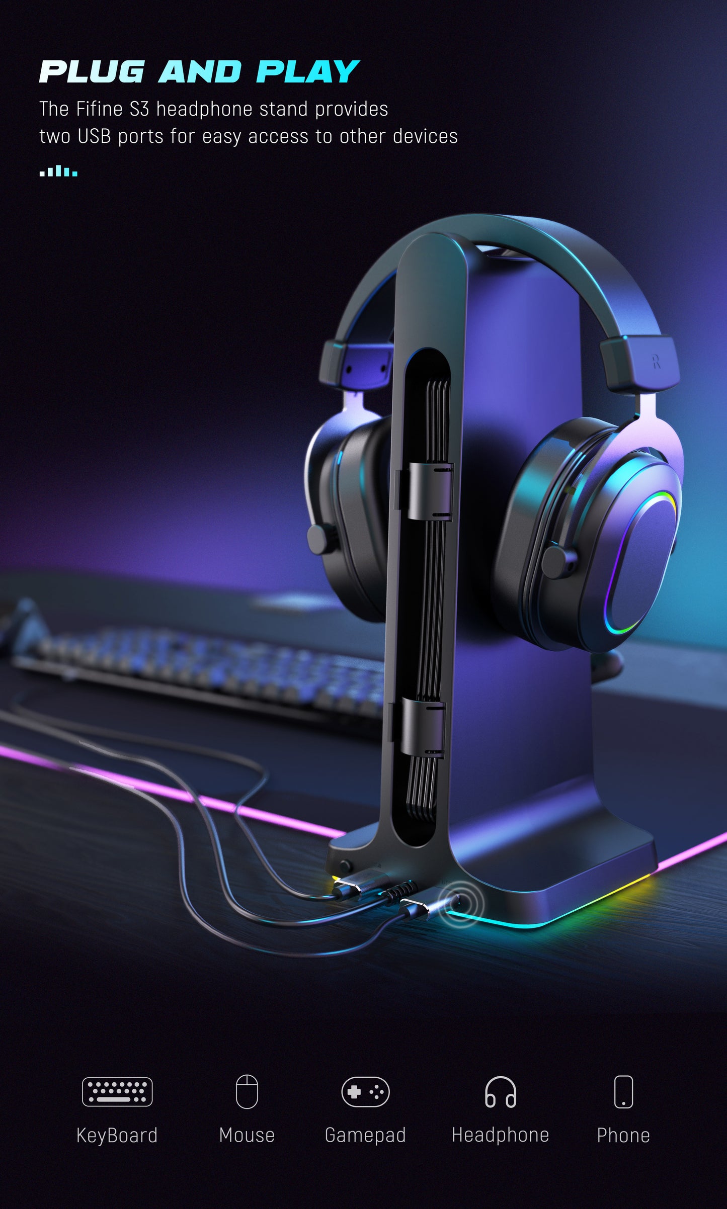 Fifine S3 Music Lights Rhythm Recognition Lights Headphone Stand RGB Gaming Headset Stand Headphones Headset Holder