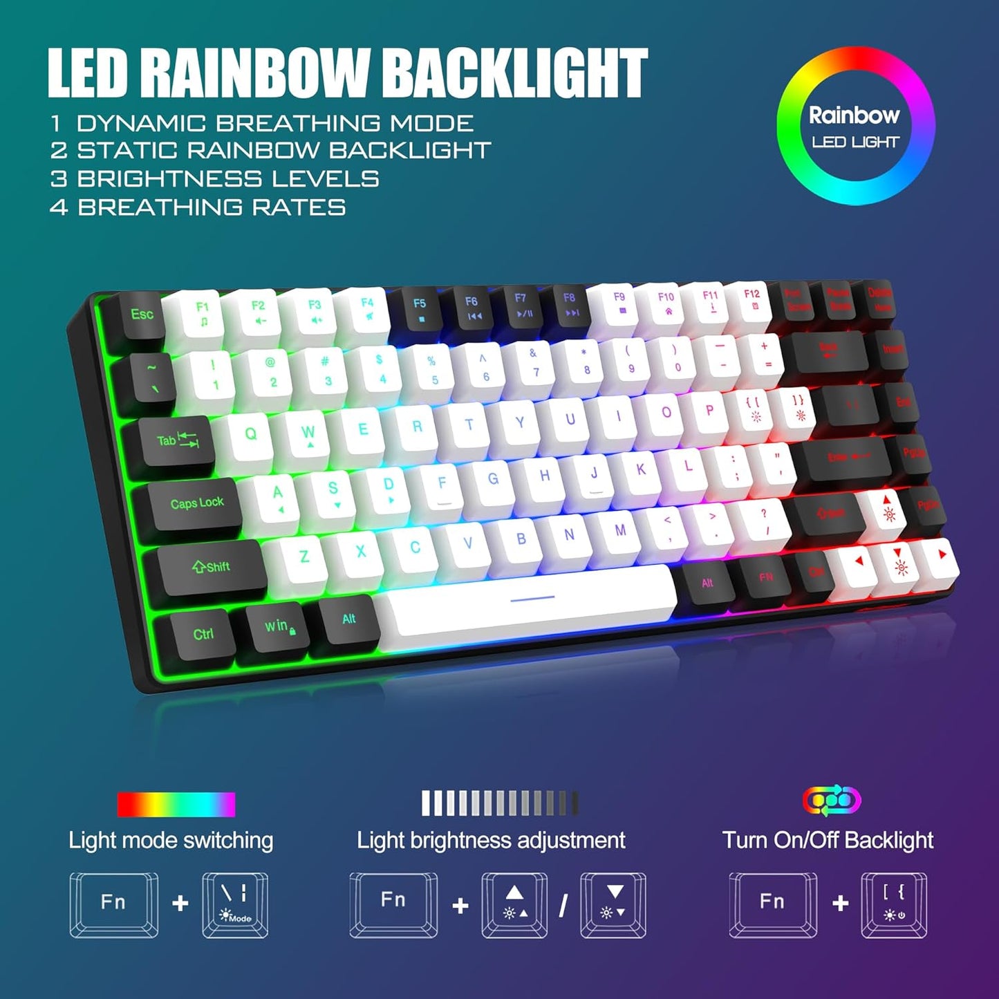 RedThunder K84 Wireless Keyboard and Mouse Combo, Rainbow Backlit Rechargeable Battery, 75% Layout TKL Ultra Compact Gaming Keyboard & Lightweight 3200 DPI Honeycomb Optical Mouse